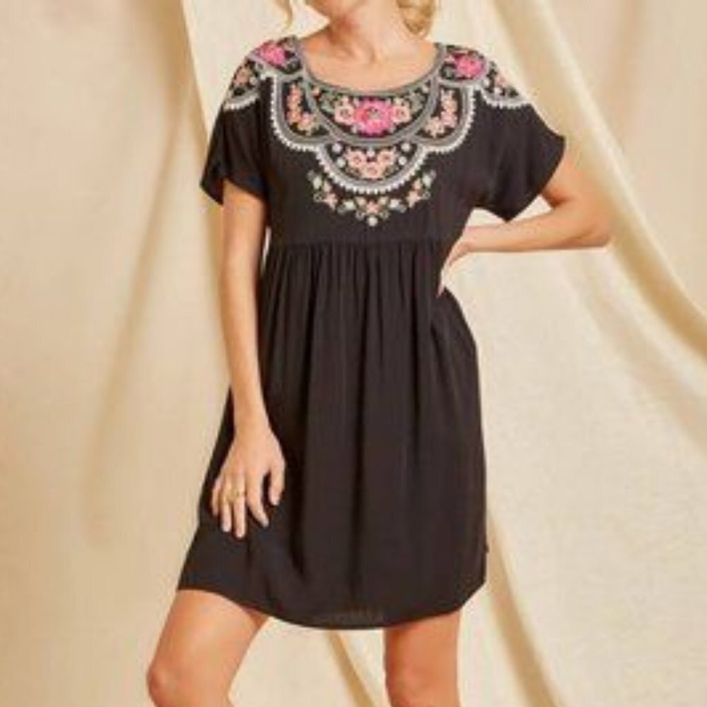 Savanna Jane Embroidered Black Babydoll Dress